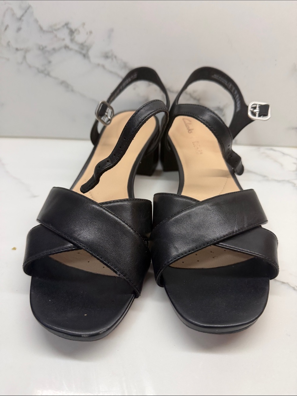 Clarks Black Leather Crisscross Slingback Heeled Sandals